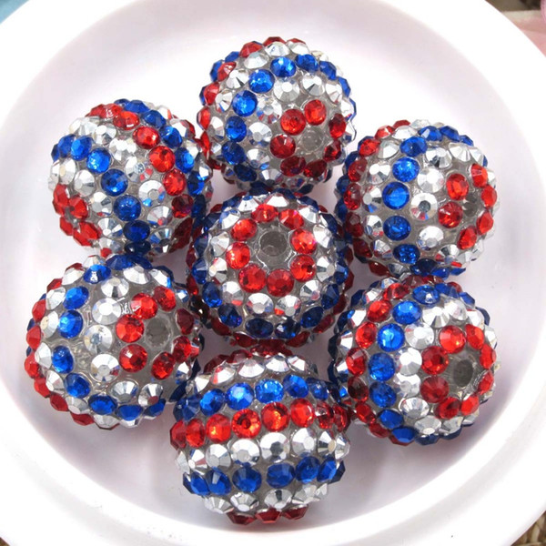 New 20MM USA Flag Blue-Red Striped Chunky Resin Rhinestone Ball Beads DIY Accessories Beads For Bubblegum Girls Necklace Marking