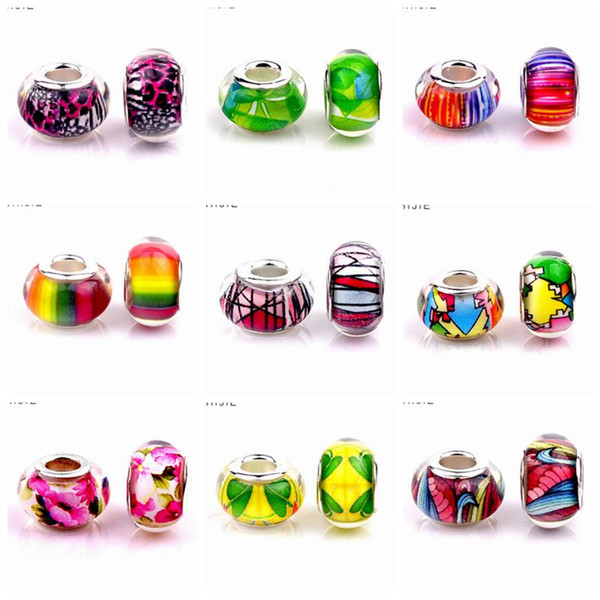 50PCS/Lot Round Fashion Design Resin Charms Silver core European Big Hole Beads for Jewelry Making Low Price RSB33