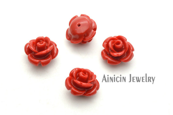 20pcs Red Color Synthesis Stone Half Hole Rose Flower DIY Beads Fashion Earrings Making Findings