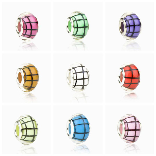 50PCS/Lot Fashion Round Geometry Design European Style Resin DIY Silver Core Big Hole Charms Beads for Jewelry Making Low Price RSB41