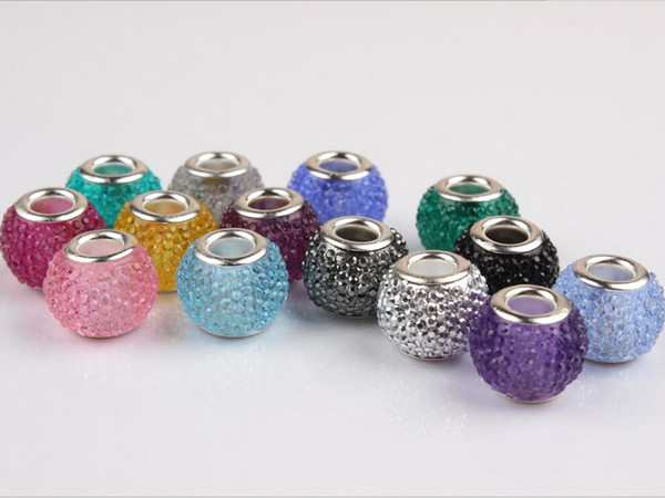 50PCS/Lot Fashion Round Resin Rhinestone Silver core European Big Hole DIY Beads for Jewelry Making Low Price