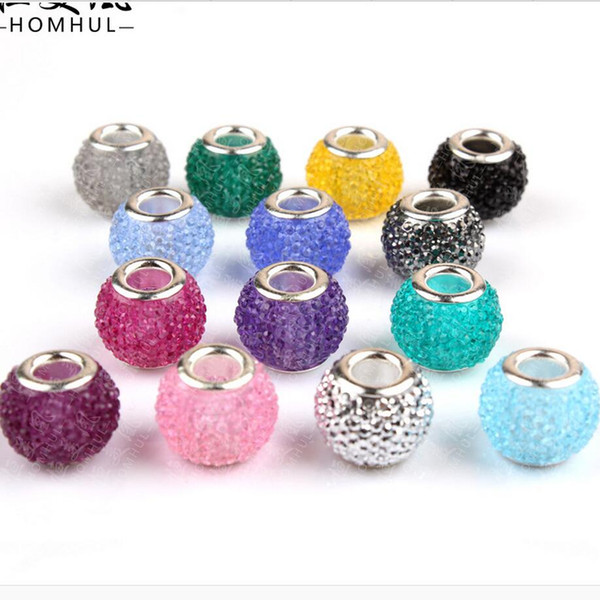 50PCS/Lot Fashion Round Pure Color Resin Rhinestone Silver core European Big Hole DIY Beads for Jewelry Making Low Price