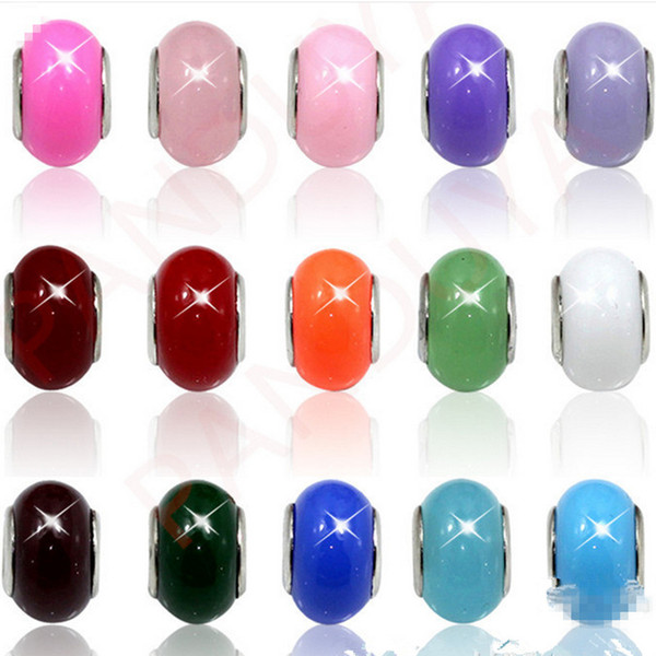 50PCS/Lot Fashion Round mixed Pure Color Resin Silver core European Big Hole DIY Beads for Jewelry Making Low Price