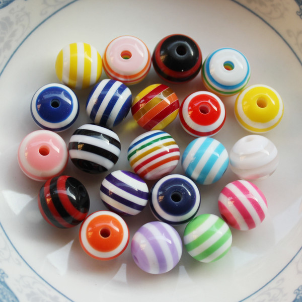 Hot Sale 100 Pieces 10 mm Plastic Beads Multi-color Striped Resin Necklace Chunky Beads China Supplies