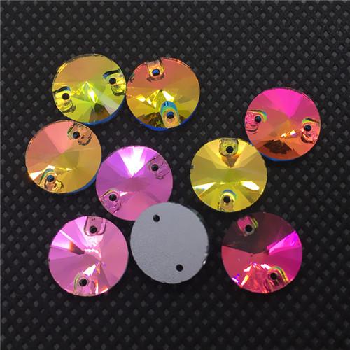 Rainbow Color 8~18mm Round Sewing Glass Crystal Rivoli Sew On Crystal Stones Silver Foiled Back Stone Beads