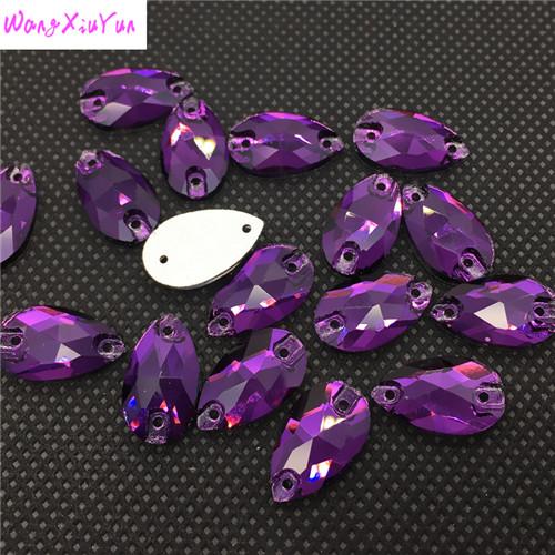 7x12mm~22x38mm purple velvet Color Teardrop Glass Sew On Stone Flatback 2Holes Droplet Sewing jewelry Beads