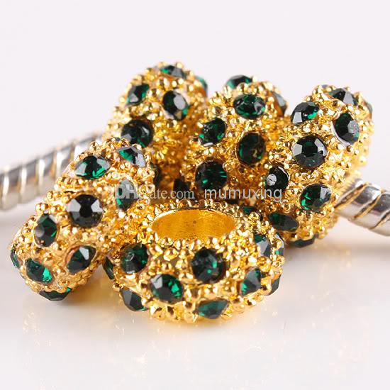 100pcs 11MM Deep Green Rhinestone Crystal Charm European Big Hole Beads Fit Bracelet Chain Jewelry Findings Gold plated free shipping