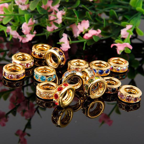 100pcs/lot 10mm Gold Tone Mixed Color Crystal Rhinestone European Charm Big Hole Spacer Beads Fit Bracelet Chain Jewelry Findings