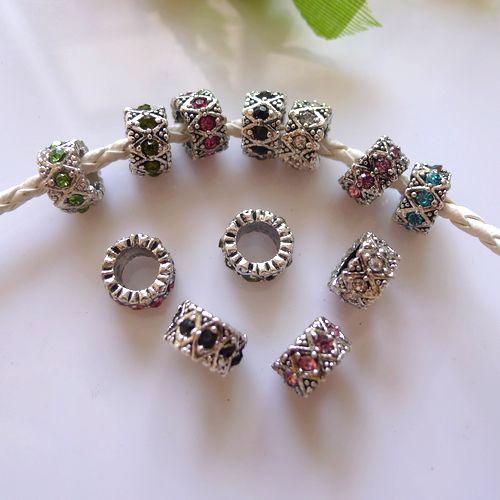 20pcs Metal Antique Silver plated with Mix Crystal Rhinestone Big Hole European Beads For Charms Bracelet Chain Necklace 6x10mm