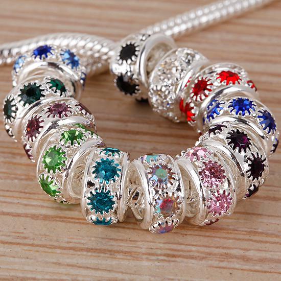 100pcs/lot 10mm Mix Color Crystal Rhinestone Silver Plated European Charm Spacer Big Hole Beads Fit Bracelet Chain Jewelry Findings