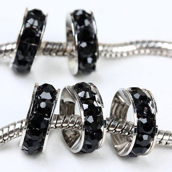 100pcs 10mm Jet Black Rhinestone Crystal Rondelle Spacers European Big Hole Beads For Charm Bracelet Chain Jewelry Findings free shipping