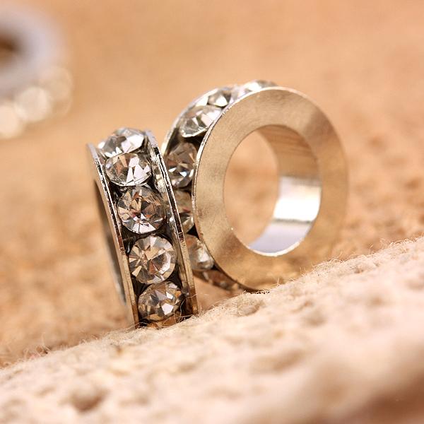 100pcs Clear Crystal Rhinestone Silver Wheel European Charm Big Hole Spacer Beads Fit Bracelet Jewelry Findings