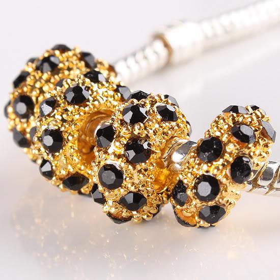 100pc Jet Black Rhinestone Crystal Big Hole Loose Beads Fit European Charms Bracelets Findings 11*5mm Gold plated free shipping