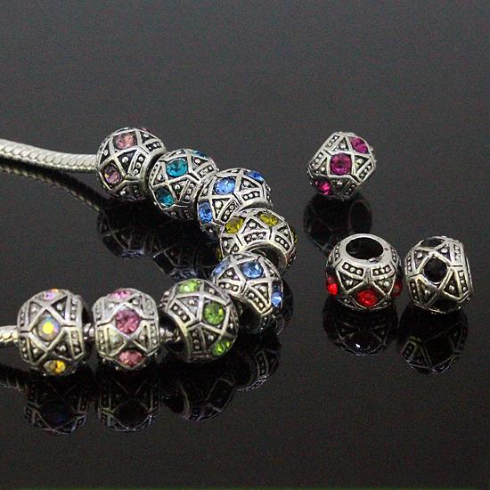 20pcs Tibetan Silver Cylinder Motley Crystal Rhinestone Spacer Big Hole Charm Beads For DIY European Bracelet Free shipping