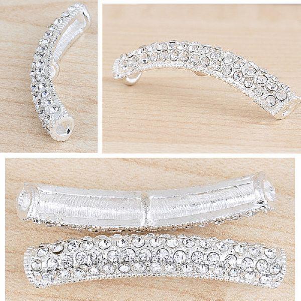 10pcs Silver Plated White Crystal Spacer Bar Bone Curved Half Round Bracelet Connector Charm Beads