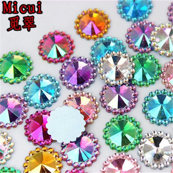 Micui 500pcs 12mm Round Flower Acrylic Rhinestones Flat Back Acrylic Gems Crystal Stones Non Sewing Beads for DIY Jewelry Clothes ZZ761