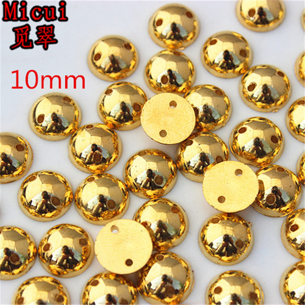 Micui 200PCS 10mm Round Gold Color Rhinestones Sew On Acrylic Crystals Stone Sewing Flatback Appliques for Crafts Clothes ZZ733H