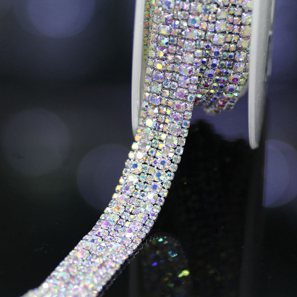 Wholesale-1 yard Top-Grade Crystal AB Glass Wide Rhinestone Cup Chain Silver Base Trim Applique Sew on Rhinestones For Garments