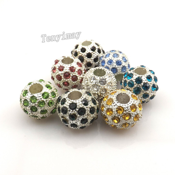 Fully-jewelled European Charm Beads Mixed Color Rhinestone Big Hole Beads Silver Plated Core Loose Beads 24pcs/Lot