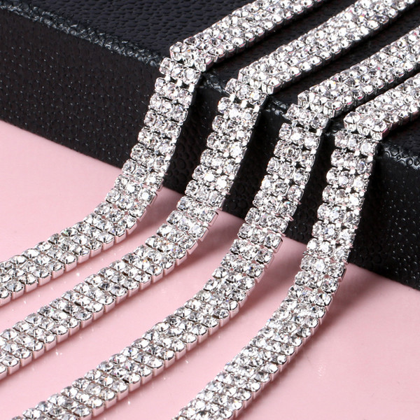 Wholesale 2mm/3mm 3 Rows Rhinestone Chain Trimming Sew On Silver/Gold Base Density Crystal Cup Chain For DIY Garment Jewelry