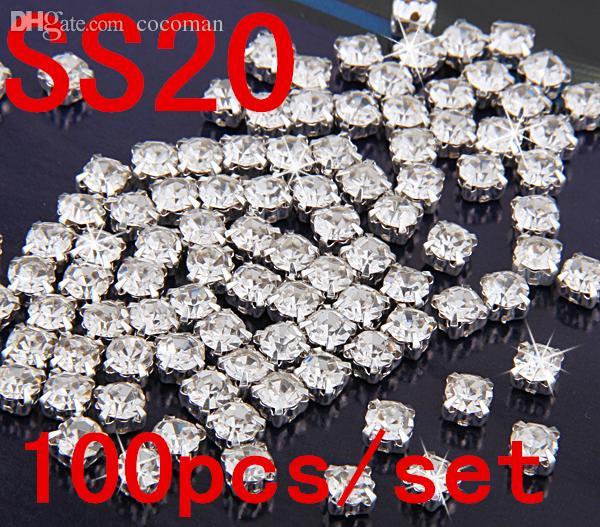 Wholesale-SS20 4.5mm 100pcs Clear Crystal Sew on Rhinestones Diamond Flatback Claw Rhinestones With Silver Plated Glass Stones