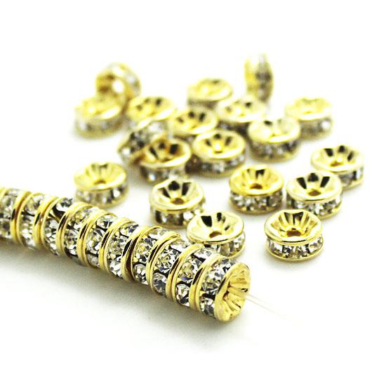 BULK LOTS 50 PCS GOLD Metal Plated With Clear Crystal Rondelle Rhinestone Beads Spacer Findings For Jewelry Making in 6mm