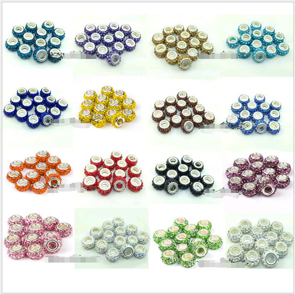 Wholesale Fashion Resin Rhinestone Beads Assorted Large Hole Silver Plated Core Crystal Loose Bead for Making Bracelets DIY Jewelry