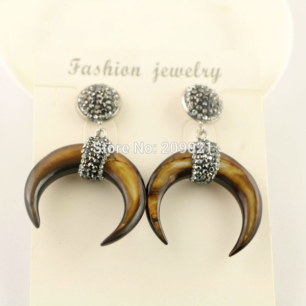 New 3Pairs Brown Shell Crescent Moon Earrings with Crystal Rhinestone Paved Fashion Druzy Earring Charm Jewelry