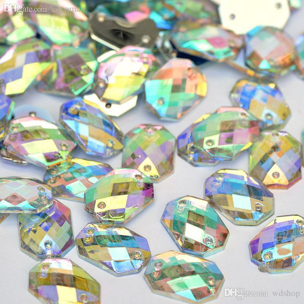 Wholesale-10*14mm Square Octagonal Crystal AB Rhinestone Sew On Flatback Acrylic Gems Strass Crystal Stones For Clothing Dress Decorations