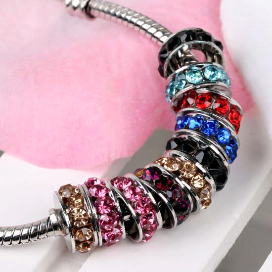 100pcs Rhodium tone Mixed Color Crystal Rhinestone Rondelle Spacers European Big Hole Beads For Charm Bracelet Chain Jewelry Findings