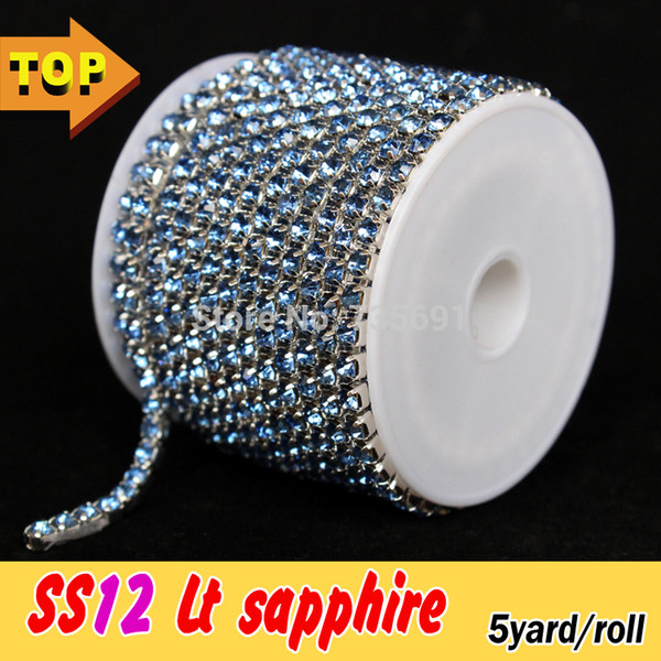 Wholesale-2015 Acessorios De Costura 3mm Lt Sapphire High Quality Rhinestone Cup Chain Ss12 Strass Densify Claw Silver Base 5yard/roll