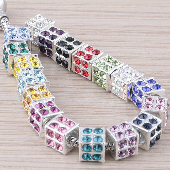 20pcs/lot Motley Crystal Square Silver Metal Beads For Jewelry Making,European Big Hole Charm Spacers Fit Bracelet