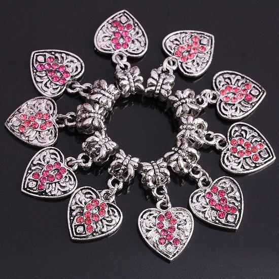 50pcs Pink Crystal Rhinestone Heart European Dangle Bead Breast Cancer Awareness Jewelry Findings