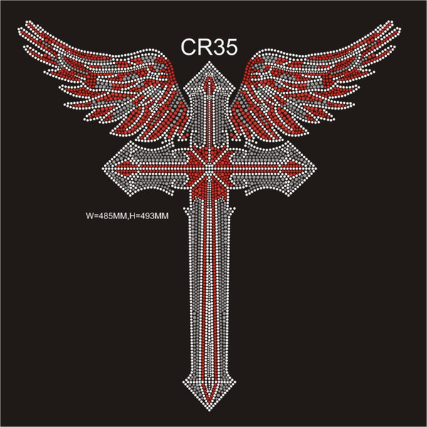 Clothing accessories Wing with cross CR35# Hot Fix RHinestone China A+++ stones transfer 19