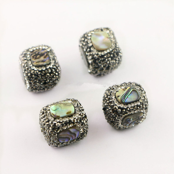 Wholesale 10Pcs Paua Abalone Shell Paved Rhinestone Spacer Loose Bead , Square - Shape Connector Beads For Jewelry Making