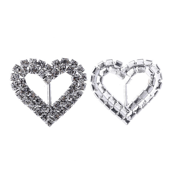 100Pcs/Set 26*28mm Heart Rhinestones buckles Diamonte Silver Wedding Supplies Card Accessory Ribbon Decorative Deduction DIY