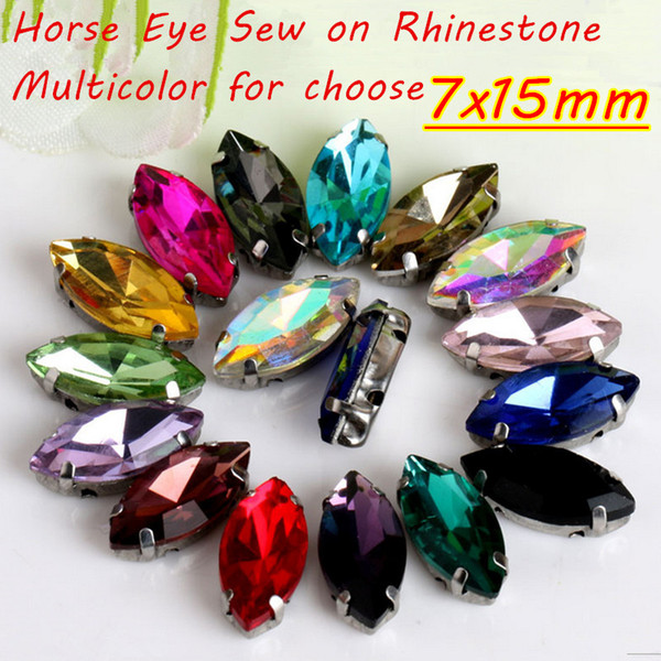 7x15mm 100Pcs Horse Eye Shape Sew On Rhinestones Silver Base 4 Claws DIY Accessories Multicolor Choose