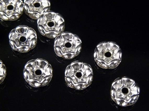 100 Pcs Wavy Rhinestone Rondelle Spacer Beads 6mm - Silver Clear Crystal SPARKLING Beads