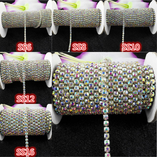 10yards/roll ss6-ss18 Clear ab rhinestones Crystal glass Rhinestone chain Compact Silver chain for phone,cups,mouse,applique