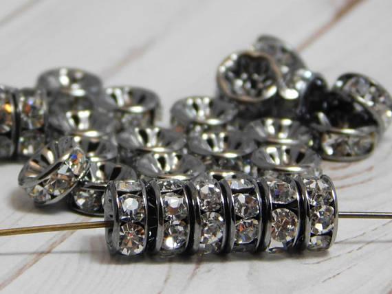 TOP quality!50 PCS Gunmetal With Clear Crystal Rondelle Rhinestone Beads Brass Spacer Wholesale Findings Jewelry Supplies in 8mm