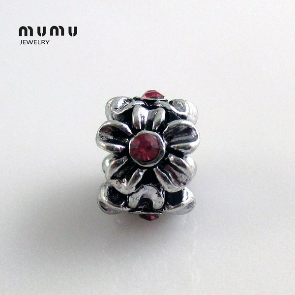 Wholesale Diy Jewelry Flower Charm Beads Silver Plated With Red Crystal Plum Loose Beads Fits European Snake Charm Bracelets Free Shipping