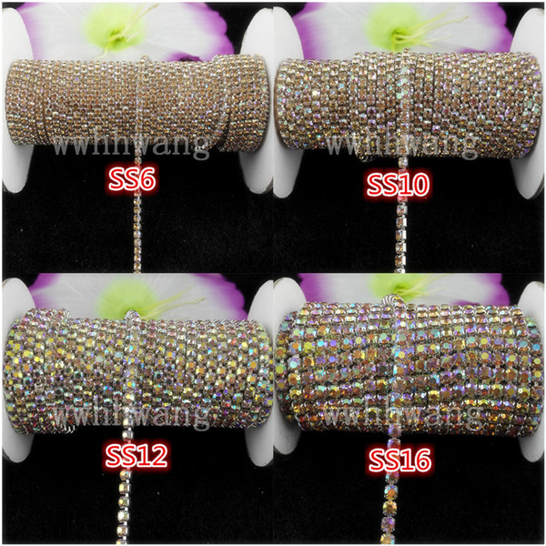 10yards/roll ss6-ss16 Crystal yellow AB rhinestones Crystal glass Rhinestone chain Compact Silver chain for phone,cups,mouse,applique