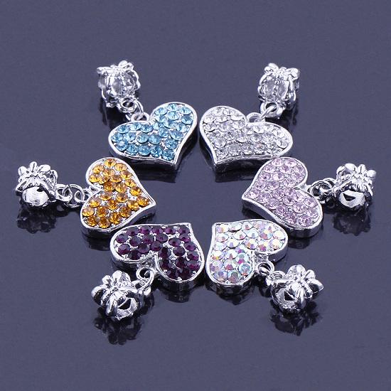 20pcs Motley Crystal Love Heart Shape Spacer Big Hole Charms Beads For Making European Bracelet ,DIY Jewelry Accessories