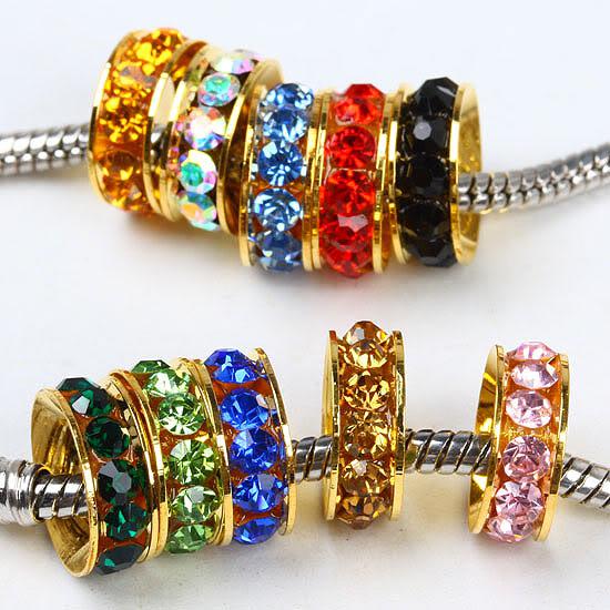 100pcs Gold Tone Mixed Color Rhinestone Crystal Rondelle Spacers European Big Hole Beads For Charms Bracelet Chain Jewelry Findings