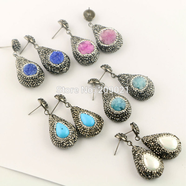 Newest For Women 5Pair Pave Rhinestone Druzy Drusy Quartz /Shell/Turquoise Charms Dangle Earrings Jewelry Findings