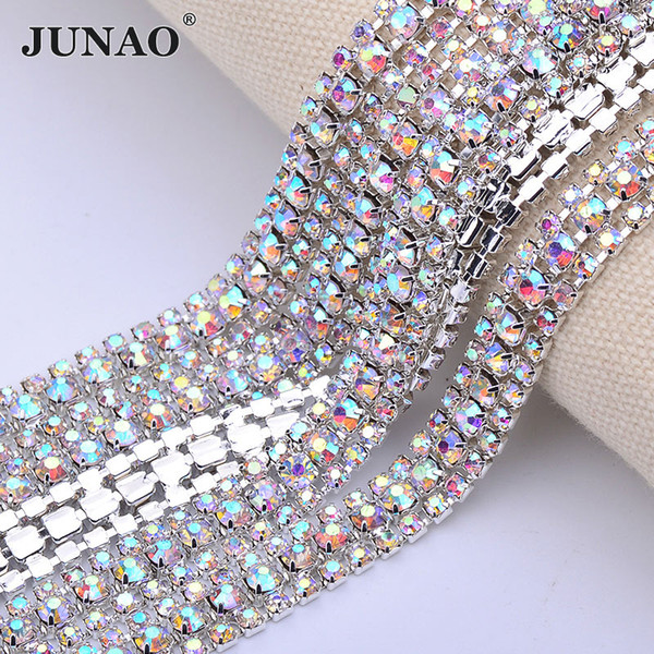 JUNAO 1 Yard 3 Row SS8+SS16+SS8 Clear AB Glass Rhinestone Cup Chain Metal Trim Sewing Silver Base Crystal Applique for DIY