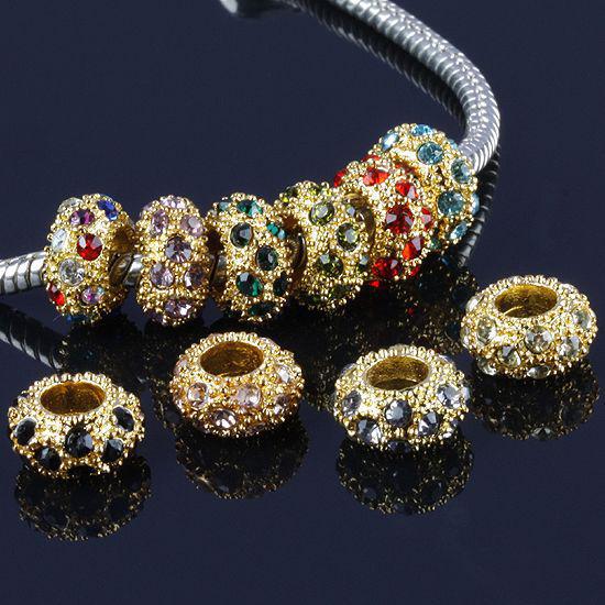 100 Pcs Metal Gold Plated Mixed Color Crystal Rhinestone European Big Hole Rondelle Spacer Beads Fit Charms Bracelets Jewelry Findings