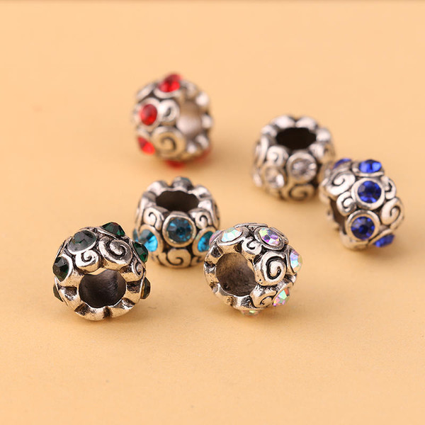 New! Wholesale Antique Silver Color Hollow Circle Crystal Rhinestones European Charm Beads Fits DIY Bracelet Necklace Bangles Jewelry