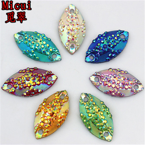 Micui 200Pcs 9*17mm AB Color Horse eye shape Resin Rhinestones Crystal Flatback Stones Sewing 2 Holes For Dress Garment ZZ243