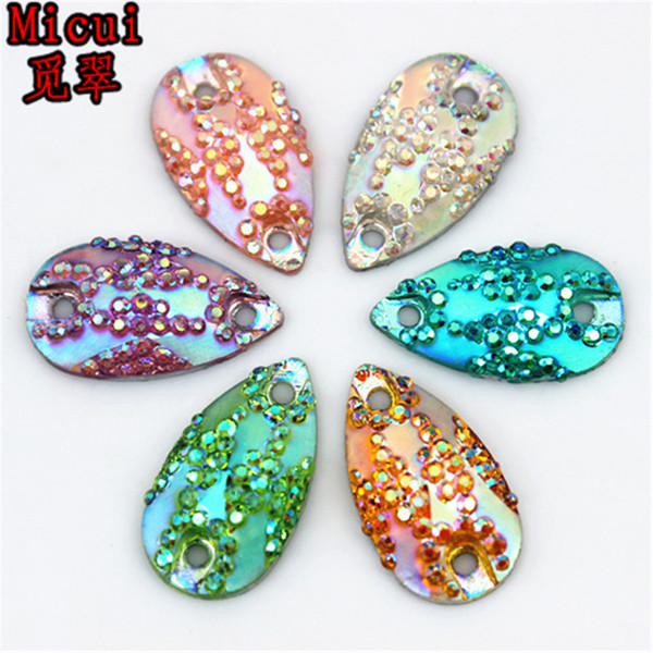 Micui 200pcs 10*17mm AB Color Drop Pear shape Resin Rhinestones Crystal Flatback Stones Sewing 2 Holes For Dress Garment ZZ493